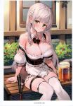  1girl absurdres alcohol apron arm_support bare_shoulders beer beer_mug bench breasts cleavage closed_mouth cup dress frills german_clothes green_eyes grey_hair hair_ornament highres hololive large_breasts looking_at_viewer mole mole_on_breast mug official_alternate_costume puffy_short_sleeves puffy_sleeves ribbon scan shirogane_noel shirogane_noel_(dirndl) short_dress short_sleeves simple_background sitting smile thigh_strap thighhighs thighs virtual_youtuber waist_apron watao zettai_ryouiki 