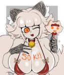  anthro bell bell_collar big_breasts big_tail bra breasts catmaid_(cibastion) cibastion cleavage clothed clothing collar domestic_cat felid feline felis female food fur hair hi_res huge_breasts mammal milestone one_eye_closed open_mouth orange_eyes popsicle smile solo tail underwear white_body white_fur white_hair wink 