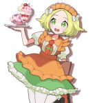  1girl alternate_costume apron bianca_(pokemon) blonde_hair dessert eneko_(olavcnkrpucl16a) eyelashes food green_eyes green_skirt hand_up headdress highres holding holding_tray leg_up open_mouth orange_apron orange_footwear pantyhose pokemon pokemon_(game) pokemon_bw2 puffy_sleeves shirt shoes short_hair short_sleeves simple_background skirt teeth tongue tray upper_teeth_only white_background white_pantyhose white_shirt 