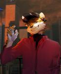  5_fingers anthro city city_background claws clothing felid fingers fur gharne hat headgear headwear highlights_(coloring) jacket looking_at_viewer male mammal pantherine shaded smile solo spots spotted_body spotted_fur tiger topwear white_highlights yellow_body yellow_fur 