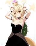  1girl armlet armpits arms_up bare_shoulders black_collar black_dress blonde_hair blush border bowsette bowsette_(cosplay) bracelet breasts claw_pose collar cosplay cowboy_shot crown dress eyelashes furrowed_brow genshin_impact grin highres horns jewelry lumine_(genshin_impact) mario_(series) medium_breasts mockingeu new_super_mario_bros._u_deluxe outside_border smile solo spiked_armlet spiked_bracelet spiked_collar spiked_shell spikes star_(symbol) strapless strapless_dress super_crown tail turtle_shell white_border wristlet yellow_eyes 