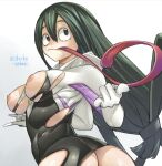  action_pose amphibian amphibian_humanoid animal_humanoid asui_tsuyu black_eyes black_hair breasts butt clothed clothing cosplay crossover crossover_cosplay female frog_humanoid green_hair hair hood human humanoid long_hair long_tongue looking_back mammal marvel mouth_closed multicolored_clothing my_hero_academia nipples no_underwear pose shosho small_breasts solo spider-man_(series) superhero tight_clothing tongue torn_clothing two_tone_clothing 