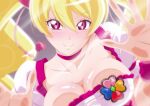  1girl against_fourth_wall against_glass blonde_hair blush breast_press breasts breasts_on_glass choker cleavage closed_mouth cure_peach earrings fresh_precure! fuchi_(nightmare) hair_ornament hand_on_glass heart heart_earrings heart_hair_ornament jewelry large_breasts long_hair looking_at_viewer magical_girl momozono_love pink_choker precure puffy_short_sleeves puffy_sleeves shirt short_sleeves smile solo upper_body white_shirt 