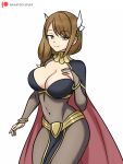  1girl bodysuit braid braided_ponytail breasts brown_bodysuit brown_hair cape cleavage cleavage_cutout clothing_cutout cosplay fire_emblem fire_emblem_awakening fire_emblem_engage flower flower_on_head goldmary_(fire_emblem) hair_ribbon hand_on_own_chest hayato_stuff highres large_breasts ribbon solo swept_bangs tharja_(fire_emblem) tharja_(fire_emblem)_(cosplay) yellow_eyes 