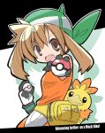  1girl :d alternate_color bandana bird breasts brown_eyes brown_hair dress drop_shadow fang fanny_pack gloves hair_between_eyes highres holding holding_poke_ball looking_at_viewer may_(pokemon) medium_breasts open_mouth orange_dress outstretched_arm poke_ball poke_ball_(basic) pokemon pokemon_(creature) pokemon_(game) pokemon_emerald pokemon_rse premier_ball rascal shiny_pokemon smile solo torchic 