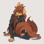  absurd_res anthro apogee_(tinygaypirate) brown_body brown_eyes brown_fur brown_hair canid canine canis claws clothed clothing domestic_dog ear_piercing female fluffy fluffy_tail fur hair hi_res looking_at_viewer mammal piercing simple_background solo tail tinygaypirate toe_claws 