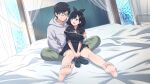  1boy 1girl aqua_eyes barefoot bed bed_sheet bedroom black_footwear black_hair black_shirt breasts cleavage commission curtains dutch_angle eyelashes feet foreshortening glasses green_pants grey_hoodie hair_ornament hetero highres honshiro_nikori hood hoodie indoors large_breasts legs looking_at_another looking_to_the_side medium_hair miniskirt open_mouth original pants pleated_skirt shadow shiny_skin shirt shoes shoes_removed short_hair short_sleeves sidelocks skeb_commission skirt smile soles swept_bangs thigh_strap thighs toes x_hair_ornament 