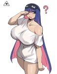  1girl :d ? artist_logo bags_under_eyes breasts covered_navel covered_nipples donburi_(donburikazoku) english_commentary highres huge_breasts large_breasts long_hair navel nipples off-shoulder_shirt off_shoulder panty_&amp;_stocking_with_garterbelt pink_hair purple_hair shirt single_bare_shoulder sketch sleep_mask smile stocking_(psg) unfinished very_long_hair waking_up white_background white_shirt 