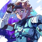  1girl animification apex_legends black_gloves bmori cable freckles gloves goggles goggles_on_head green_eyes hair_behind_ear hand_on_goggles highres horizon_(apex_legends) orange_hair portrait short_hair smile solo space spacesuit star_(sky) star_(symbol) star_in_eye symbol_in_eye 