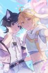  2boys absurdres aether_(genshin_impact) alternate_costume animal_ears balloon belt black_belt black_hair blonde_hair blue_sky cat_boy cat_ears collared_shirt extra_ears fake_animal_ears genshin_impact grey_shorts highres long_hair male_focus midriff multiple_boys nekomi_0 petals purple_eyes rabbit_boy rabbit_ears red_eyeliner scaramouche_(genshin_impact) shirt shorts sky sleeveless sleeveless_shirt tongue tongue_out white_shirt yaoi yellow_eyes 