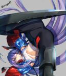  1girl aona_(anagasaki) blue_eyes blue_jacket crop_top fate/grand_order fate_(series) grey_background highres jacket leg_up long_hair meltryllis_(fate) meltryllis_(tour_outfit)_(fate) prosthesis prosthetic_leg purple_hair smile twitter_username 