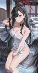  1girl absurdres arm_up bare_shoulders black_choker black_feathers black_hair black_wings blue_archive blurry blurry_background breasts choker cleavage collarbone depth_of_field feathers grey_eyes hair_ornament hairclip halo highres ichika_(blue_archive) long_hair low_wings medium_breasts naked_towel one_eye_closed onsen outdoors snow soaking_feet solo steam teeth towel very_long_hair water wet wings yato_(yama0x1) 