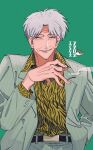  1boy absurdres akagi_shigeru animal_print belt black_belt blazer cigarette closed_eyes commentary_request fish green_background grey_jacket grey_pants grin hand_in_pocket highres holding holding_cigarette inudori jacket long_sleeves male_focus medium_bangs open_clothes open_jacket pants parted_bangs print_shirt shirt short_hair simple_background smile smoke solo ten_(manga) tiger_print upper_body 