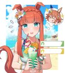  +_+ 2girls :p animal_ears beach blue_eyes blunt_bangs blurry blurry_background blush_stickers braid clover_hair_ornament commentary_request crown_braid daruma_doll desert drink drinking_straw ear_covers food four-leaf_clover_hair_ornament hair_between_eyes hair_ornament highres hime_cut holding horse_ears horse_girl horse_tail jewelry matikanefukukitaru_(umamusume) multiple_girls necklace ocean official_alternate_costume official_alternate_hairstyle one_eye_closed open_mouth orange_hair pov shiro_(branch0126) silence_suzuka_(emerald_on_the_waves)_(umamusume) silence_suzuka_(umamusume) single_ear_cover summer&#039;s_sunlight_fades_to_blue_(umamusume) tail thinking thumbs_up tongue tongue_out umamusume 