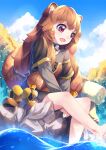  1girl :d animal_ear_fluff animal_ears barefoot blue_sky brown_hair child cloud commentary_request cuffs day dress highres kyouko_kasa long_hair long_sleeves neck open_mouth outdoors raccoon_ears raccoon_girl raccoon_tail raphtalia red_eyes rock short_dress sidelocks sitting sitting_on_rock sky smile solo splashing tail tate_no_yuusha_no_nariagari tree water 