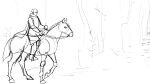  1other animated animated_gif cape english_commentary full_body greyscale horseback_riding making-of monochrome original ostinlein outdoors riding saddle 