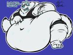  2019 4:3 anthro arm_tattoo belly big_belly big_butt blue_eyes blue_tongue bodily_fluids butt canid canine cheshire_cat_(species) clothed clothing dialogue feet fox fur hair huge_belly huge_butt hybrid male mammal morbidly_obese morbidly_obese_anthro morbidly_obese_male navel obese obese_anthro obese_male open_mouth overweight overweight_anthro overweight_male paws rhodesiansax shard_artel sweat tail tattoo tongue white_body white_fur 
