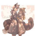  2girls animal_ears blue_dress body_fur brown_fur brown_hair brown_skirt brown_vest closed_eyes commentary commission dappled_sunlight dress face-to-face feet_out_of_frame fewer_digits fox_ears fox_girl fox_tail from_side furry furry_female gomafuto hand_on_another&#039;s_arm hand_on_another&#039;s_neck highres juliet_sleeves long_hair long_sleeves looking_at_another low_ponytail multiple_girls open_mouth orange_eyes original pink_background pixiv_commission profile puffy_sleeves shirt simple_background skirt skirt_set smile standing sunlight tail two-tone_background vest white_background white_shirt yuri 