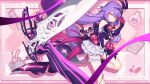  1girl bare_shoulders book breasts character_name chinese_commentary detached_sleeves doughnut food gloves hair_between_eyes highres honkai_(series) honkai_impact_3rd long_hair looking_at_viewer navel official_art official_wallpaper pink_gloves purple_hair scissors sirin_(miracle_magical_girl) skirt small_breasts smile solo star_(symbol) symbol-shaped_pupils v very_long_hair weapon white_skirt x-shaped_pupils yellow_eyes 