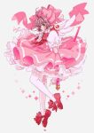  1girl bow bowtie brown_hair cardcaptor_sakura dress finger_to_mouth footwear_bow full_body fuuin_no_tsue green_eyes hat highres index_finger_raised kinomoto_sakura kisumi_rei looking_at_viewer magical_girl petticoat pink_bow pink_dress pink_headwear puffy_short_sleeves puffy_sleeves red_bow red_bowtie red_footwear shirt shoes short_sleeves shushing smile solo white_shirt 