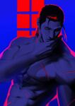  1boy 9gu_84 abs absurdres backlighting bara blue_background hand_on_own_face highres looking_at_viewer male_focus mature_male medium_hair muscular muscular_male navel pectorals ponytail red-eye_effect scar scar_on_arm scar_on_chest scar_on_face scar_on_nose scar_on_shoulder sergei_dragunov solo tekken tekken_5 topless_male upper_body 