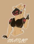  anthro breasts brown_chest cute_expression female fur gesture happy humanoid low_res machine maple_(mexikani) maple_leaf mexikani protogen red_eyes solo tan_body tan_fur v_sign visor 