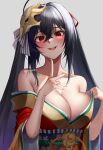  1girl ahoge azur_lane black_hair blush breasts cleavage clothes_tug collarbone crossed_bangs hair_ornament hand_up highres japanese_clothes kimono large_breasts long_hair looking_at_viewer obi off_shoulder parted_lips red_eyes red_kimono sash solo taihou_(azur_lane) twintails upper_body v yorugami_rei 