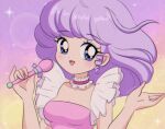  1990s_(style) 1girl blue_eyes blush breasts bubble_background chelly_(chellyko) choker creamy_mami dress highres holding holding_microphone long_hair looking_at_viewer mahou_no_tenshi_creamy_mami medium_breasts microphone morisawa_yuu open_mouth pink_dress purple_background purple_hair retro_artstyle smile solo sparkle sparkle_background standing two-tone_background upper_body yellow_background 