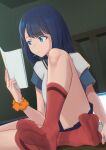  1girl artist_name blue_eyes blue_hair blue_skirt commentary english_commentary feet ghhoward gridman_universe gridman_universe_(film) hand_up highres holding indoors knee_up legs medium_hair miniskirt mouth_hold no_shoes on_bed paid_reward_available parted_bangs pleated_skirt red_socks ribbed_socks school_uniform scrunchie shadow short_sleeves sitting skirt socks soles solo ssss.gridman takarada_rikka thighs toes wrist_scrunchie 