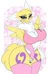  absurd_res anthro bandai_namco big_breasts bra breasts canid canine clothed clothing digimon digimon_(species) female fingers fox fur hand_on_breast hi_res james_andromeda mammal renamon solo thick_thighs underwear wide_hips yellow_body yellow_fur 