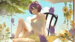  1girl absurdres animal_ear_fluff animal_ears arm_scrunchie bare_shoulders cat chair commentary_request cup drinking_glass flower hair_ornament hairclip halterneck highres indie_virtual_youtuber jean_faymas_(vtuber) mailbox_(incoming_mail) outdoors pitcher_(container) purple_cat purple_hair short_hair shorts sitting sky solo summer sunflower table tank_top uyuyuun virtual_youtuber white_tank_top yellow_eyes yellow_shorts 