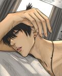  1boy artist_name bed bed_sheet black_hair blue_eyes chainsaw_man curtains earrings einruji fingernails hair_between_eyes hayakawa_aki highres indoors jewelry looking_at_viewer lying male_focus morning necklace on_bed on_stomach portrait pov short_hair solo stud_earrings topknot topless_male 