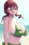  1girl aqua_eyes armpit_crease arms_at_sides artist_name bare_arms bare_shoulders beach bikini blue_sky blurry blurry_background blush breasts brown_hair cleavage closed_mouth commentary_request day drill_hair emma_verde flower freckles frilled_bikini frills green_bikini groin halterneck highres huge_breasts long_hair looking_at_viewer looking_to_the_side love_live! love_live!_nijigasaki_high_school_idol_club navel ocean outdoors signature sky smile solo standing stomach strap_gap swimsuit twin_drills upper_body water_drop wet white_flower yue_(show-ei) 