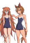  2girls ahoge animal_ears black_hairband brown_hair collarbone commentary competition_school_swimsuit dog_ears durandal_(racehorse) ear_covers ear_ornament feet_out_of_frame fukuro_(maruaru00) genderswap genderswap_(mtf) hair_between_eyes hairband highres horse_ears horse_girl long_hair mask messy_hair mouth_mask multicolored_hair multiple_girls orfevre_(umamusume) original personification pointing pointing_at_another reins school_swimsuit shade short_hair simple_background sketch swimsuit two-tone_hair umamusume very_long_hair white_background white_hair yellow_eyes 