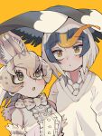  2girls absurdres animal_ears bird_girl bird_wings bow bowtie cardigan cat_ears cat_girl elbow_gloves extra_ears feathered_wings gloves grey_eyes grey_hair head_wings highres kanmoku-san kemono_friends masked_booby_(kemono_friends) multicolored_hair multiple_girls necktie shirt short_hair simple_background sleeveless sleeveless_shirt white_hair white_serval_(kemono_friends) wings yellow_background yellow_eyes 