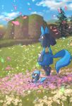  absurdres artist_name blue_sky blurry blurry_background closed_mouth cloud commentary_request day evolutionary_line falling_petals flower grass highres light_particles lucario mountain mountainous_horizon no_humans nullma on_grass outdoors petals pink_flower pokemon pokemon_(creature) red_eyes riolu scenery signature sitting sky smile spikes standing tree white_flower 