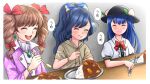  3girls :d blue_hair blush border bow bowtie brown_hair coat commentary_request crying drill_hair eating flat_chest flying_sweatdrops happy hat high_ponytail hinanawi_tenshi holding holding_spoon kyabekko long_hair multiple_girls open_mouth purple_coat red_bow red_bowtie smile spoon table touhou twin_drills upper_body white_border yorigami_jo&#039;on yorigami_shion 