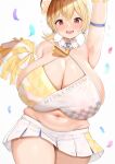  1girl ? absurdres ahoge arm_up armband armpits belly blonde_hair blue_archive blue_armband blush braid breasts cheerleader chomikuplus cleavage commentary_request confetti covered_nipples cowboy_shot gigantic_breasts hair_between_eyes halo head_tilt highres holding holding_pom_poms kotori_(blue_archive) kotori_(cheer_squad)_(blue_archive) long_hair looking_at_viewer millennium_cheerleader_outfit_(blue_archive) miniskirt muffin_top navel open_mouth pleated_skirt plump pom_pom_(cheerleading) red_eyes short_twintails skirt solo tareme thick_thighs thighs twintails variant_set white_background white_skirt wing_collar yellow_halo 