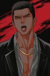  1boy character_request frown genandnak gold_necklace jacket jewelry long_sideburns looking_at_viewer male_focus necklace open_clothes open_jacket open_shirt pectoral_cleavage pectorals ryu_ga_gotoku ryuu_ga_gotoku_(series) screw short_hair sideburns solo thick_eyebrows tongue tongue_out upper_body yakuza 