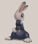  anthro big_butt bottomwear butt clothing dippsheep disney female fur grey_body grey_fur hi_res judy_hopps kneeling lagomorph leporid looking_at_viewer looking_back mammal mouth_closed pants paws pink_nose police police_officer police_uniform purple_eyes rabbit shirt simple_background sitting solo tail thick_thighs topwear uniform wide_hips zootopia 