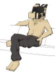  anthro bottomwear clothing fur hi_res machine male pants robot satchdrag shirtless simple_background sitting white_background 