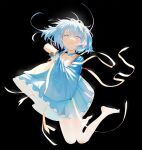  1girl absurdres bangs black_background blue_dress blue_eyes blue_hair breasts cleavage detached_collar dress full_body hair_ornament highres light_blue_hair looking_at_viewer nin_(lion) original own_hands_together ribbon tears thighhighs wavy_mouth white_thighhighs wide_sleeves 