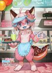 absurd_res anthro apron apron_only balloon beverage big_tail cafe canid canine canis cash_register clothing coffee coffee_shop dessert detailed_background di_do_di_do display_case domestic_dog donut_(misterdonut) doughnut food food_creature fur girly hair hi_res inflatable mammal open_mouth pawpads paws pink_body pink_fur sprinkledog tail visor white_hair 