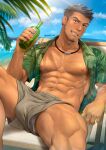  1boy abs alcohol bara bare_pectorals beach black_hair bottle chest_hair cloud day earrings facial_hair green_shirt grey_shorts hawaiian_shirt highres holding holding_bottle jewelry large_pectorals leg_hair male_focus male_underwear male_underwear_peek mondi_hl muscular muscular_male navel necklace nipples open_clothes open_shirt original outdoors pectorals range_(mondi_hl) shirt short_hair shorts sidecut sitting sky smile solo teeth thick_thighs thighs twitter_username underwear 