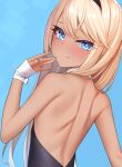  1girl :q back back_focus bare_shoulders blonde_hair blue_background blue_eyes blue_nails blush collar dark-skinned_female dark_skin kanzaki_muyu long_hair looking_at_viewer original playboy_bunny simple_background smile solo tongue tongue_out white_collar wrist_cuffs 