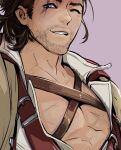  1boy adventurer_(ff14) alexiussana alternate_scar bara beard_stubble chest_harness cross_scar final_fantasy_xiv_dawntrail hair_slicked_back harness looking_at_viewer male_focus mature_male medium_hair mustache_stubble one_eye_closed pectoral_cleavage pectoral_focus pectorals scar scar_across_eye scar_on_chest seductive_smile smile solo thick_eyebrows upper_body warrior_of_light_(ff14) 