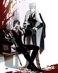  2boys blood blood_on_clothes blood_on_face blood_on_hands blood_splatter boots braid bug cigarette closed_mouth coat commentary fingerless_gloves full_body fur_trim giorno_giovanna gloves guido_mista gun hako_iix07 hand_on_own_hip hat highres holding holding_weapon jojo_no_kimyou_na_bouken ladybug long_hair long_sleeves looking_to_the_side male_focus multiple_boys necktie open_clothes shirt short_hair sitting smoke smoking standing symbol-only_commentary vento_aureo vest weapon 