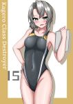  1girl absurdres asymmetrical_hair breasts clipboard competition_swimsuit covered_navel flipped_hair grey_eyes grey_hair grey_one-piece_swimsuit hair_over_shoulder hand_on_own_hip highleg highleg_swimsuit highres kantai_collection long_hair looking_at_viewer medium_breasts nowaki_(kancolle) one-piece_swimsuit solo swept_bangs swimsuit tokiwa_senkei 