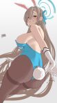  1girl animal_ears ass asuna_(blue_archive) asuna_(bunny)_(blue_archive) bare_arms bare_shoulders blue_archive blue_eyes blush breasts brown_hair brown_pantyhose elbow_gloves fake_animal_ears fake_tail from_behind gloves grey_background grin hair_ornament hairband halo highres large_breasts long_hair looking_back pantyhose parted_lips playboy_bunny rabbit_ears rabbit_tail silver_bullet_(ecc12_8) simple_background smile solo tail teeth thighband_pantyhose thighs white_gloves white_hairband 