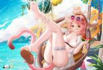  absurdres arknights ball barefoot beachball blush cat_tail eyewear_on_head feet food food-themed_hair_ornament fruit goldenglow_(arknights) goldenglow_(summer_flowers)_(arknights) hair_ornament highres jndfh looking_at_viewer ocean open_mouth pink_hair sandals single_barefoot soles swimsuit tail toes watermelon watermelon_hair_ornament 